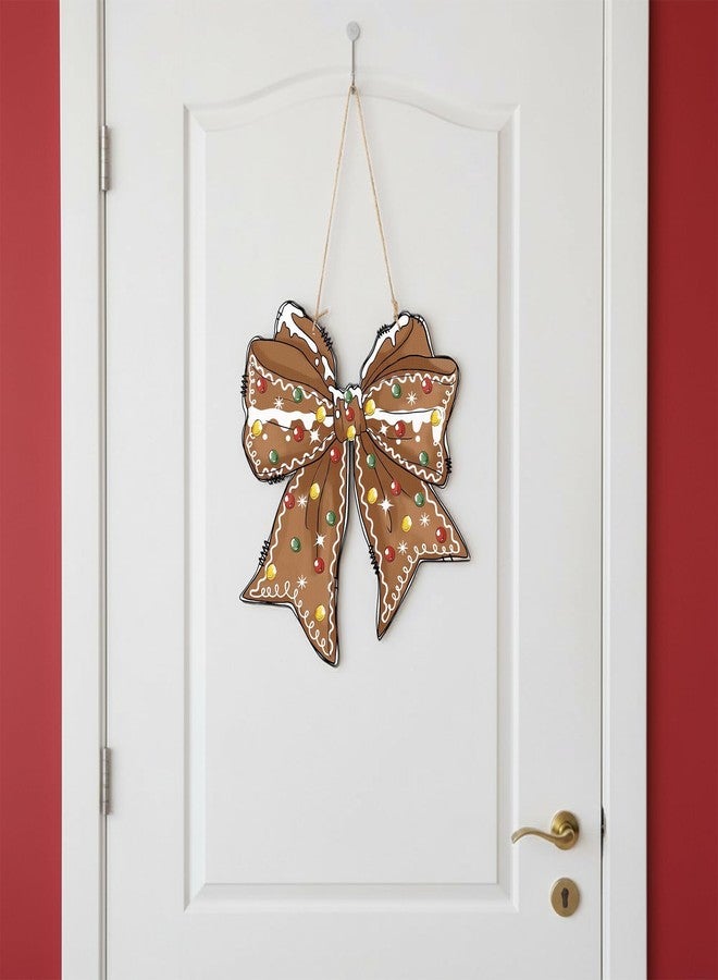 Eartim Christmas Bow Gingerbread Wooden Door Sign - Coquette Bow Gingerbread Pattern Wood Hanging Welcome Sign Vintage Wall Art Door Hanger for Girl Room College Dorm Apartment Porch Photo Props Decor - Image 5